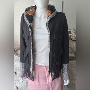 Scrapbook Jacket Cotton Hoodie Layered Lagenlook w/ Lace Hem in Grey Size M